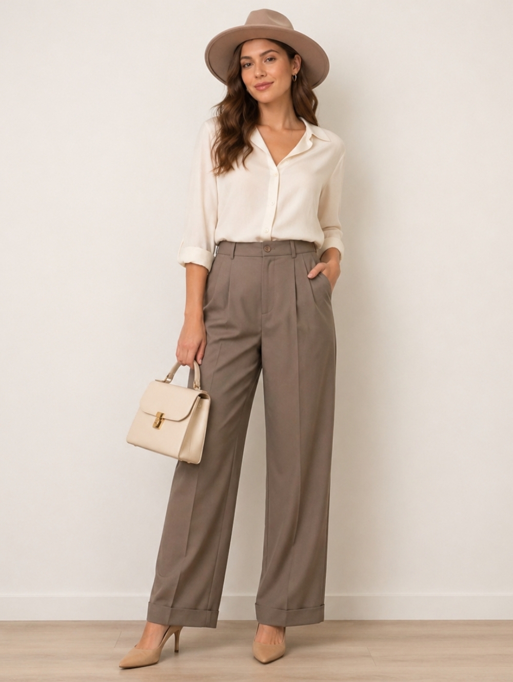 Alex St. Claire Luxury Tan Wide-Leg Cuffed Pleated Dress Pants Office Preppy 16